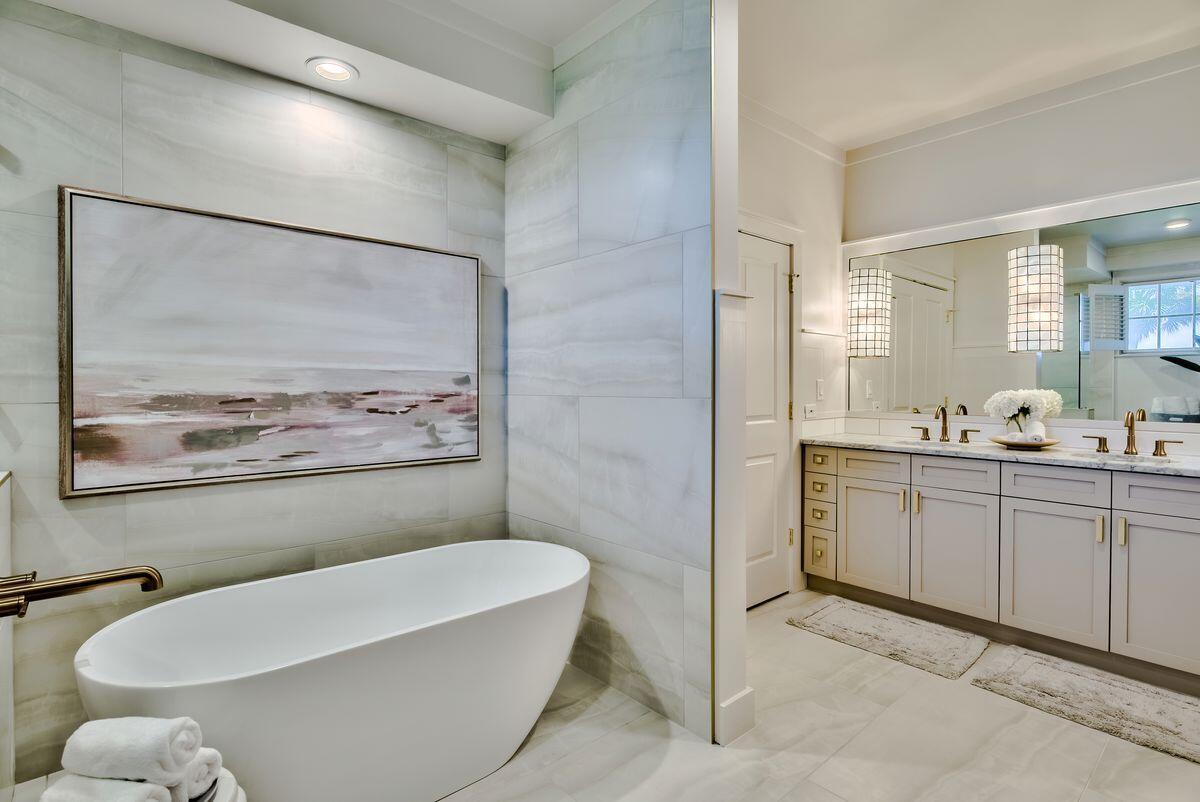 337 Bridge Lane, Unit 102B Inlet Beach, FL 32461 - Photo 37 of 50 a bathroom with a granite countertop sink mirror and bathtub