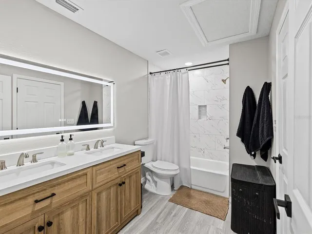 a bathroom with a double vanity sink toilet and a tub