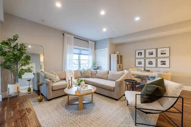 a living room with furniture and a potted plant