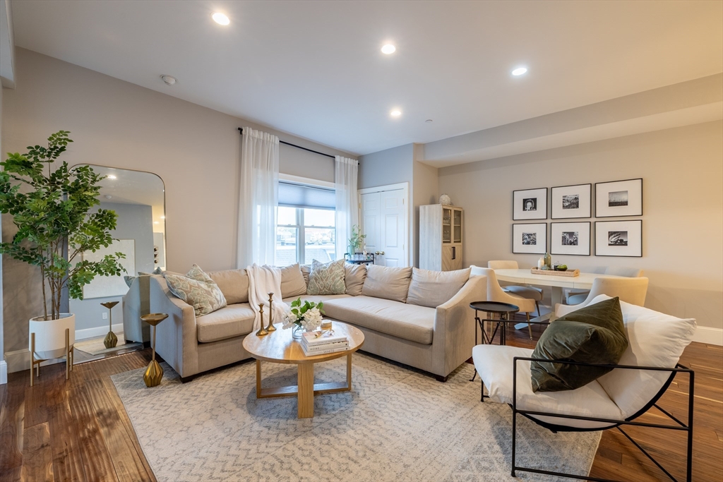 a living room with furniture and a potted plant