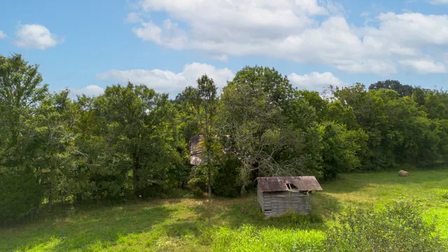 a view of a field with an trees in the background