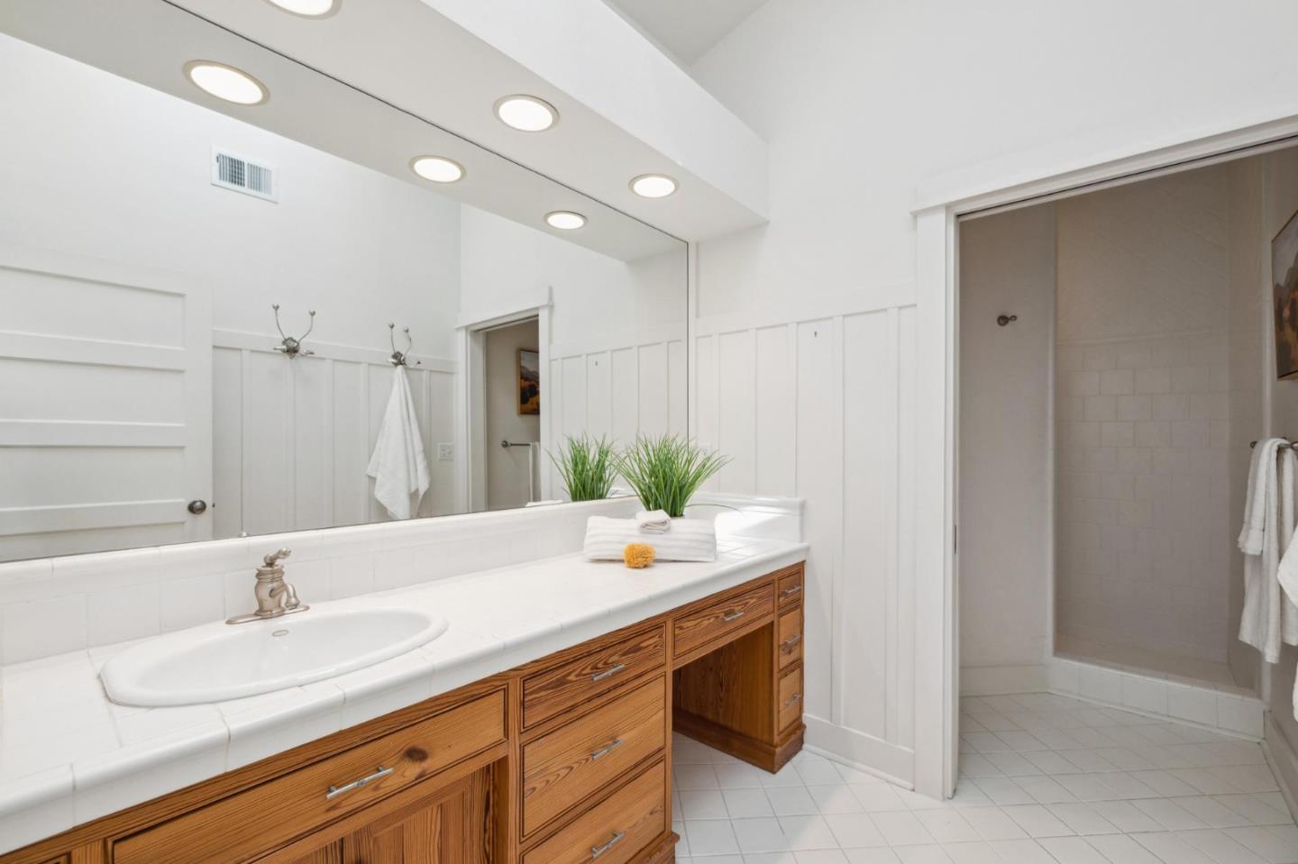 23865 Fairfield Place Carmel, CA 93923 - Photo 40 of 58 a bathroom with a sink a faucet a potted plant and a mirror