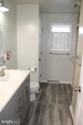 a bathroom with a sink a toilet and a window