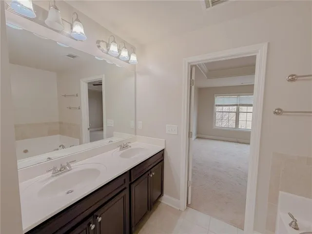 a bathroom with a shower sink double vanity and a mirror