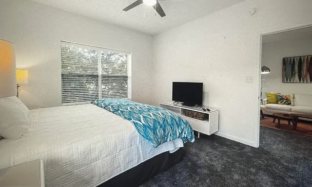 a bedroom with a bed and a television