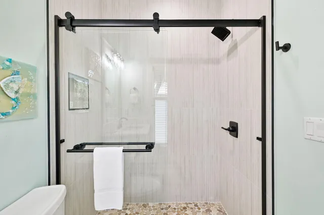a bathroom with a shower and a toilet