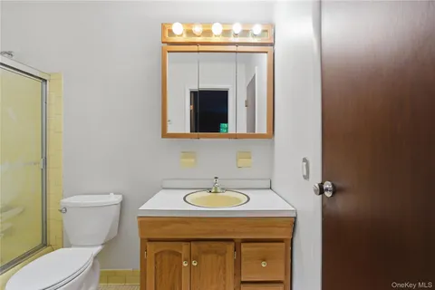 a bathroom with a granite countertop toilet a mirror and shower