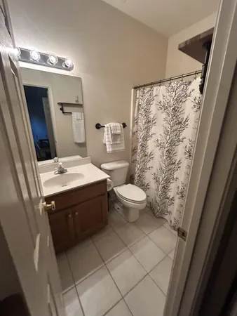 a bathroom with a sink a toilet and shower curtain
