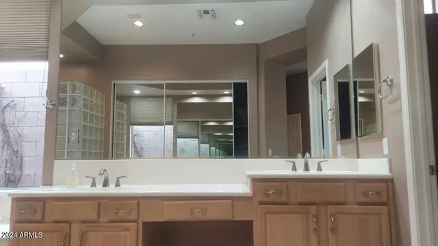a bathroom with a sink and a large mirror