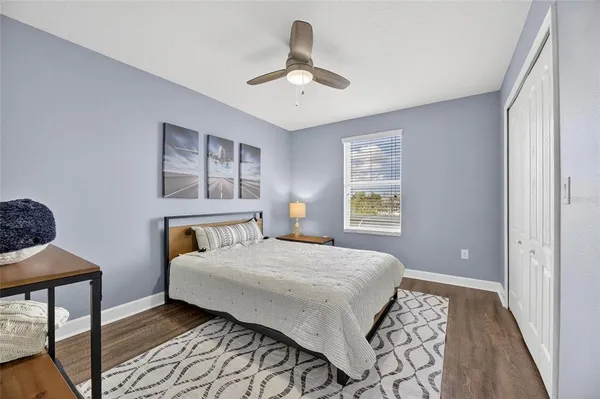 a view of a lake with a sitting area