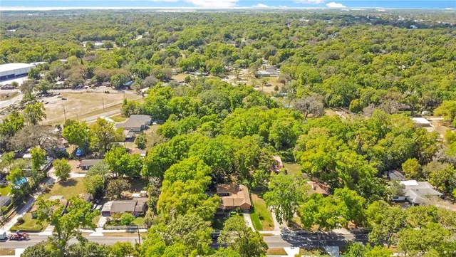 an aerial view of residential houses with outdoor space and trees