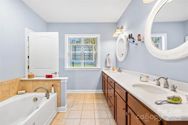 a bathroom with a sink double vanity tub and a mirror