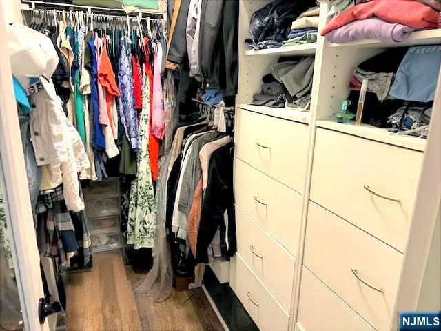 a view of walk in closet with clothes and shoes