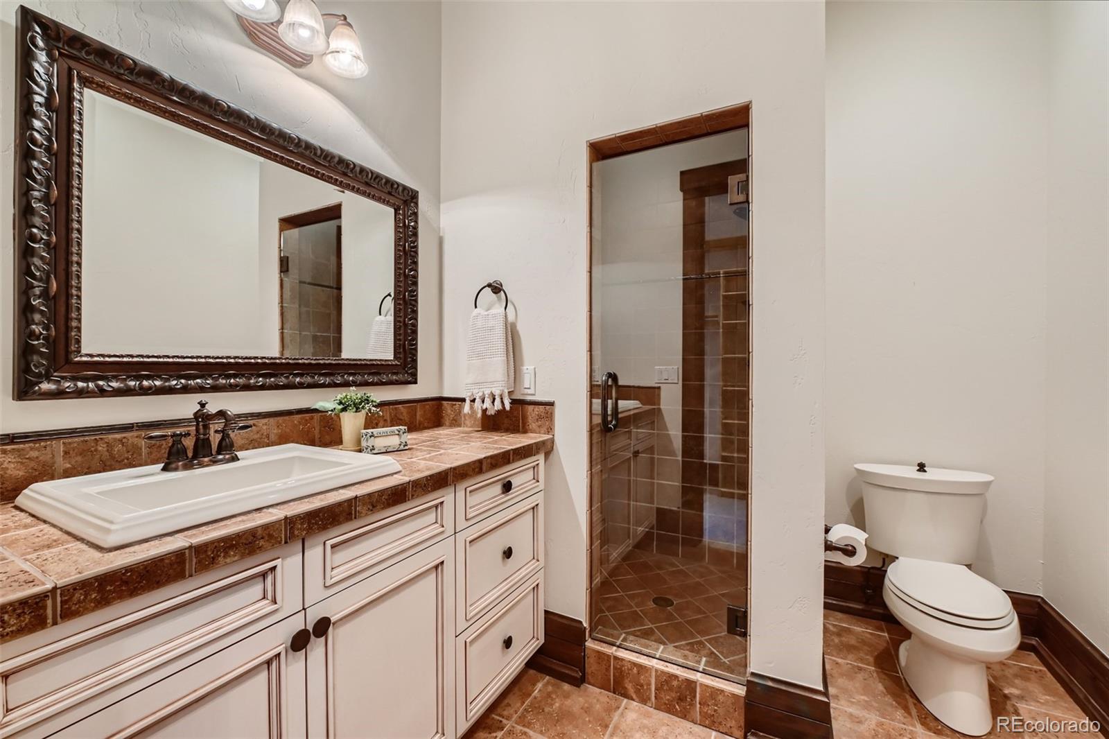 7390 Sagebrush Drive Parker, CO 80138 - Photo 22 of 40 a bathroom with a toilet sink and mirror
