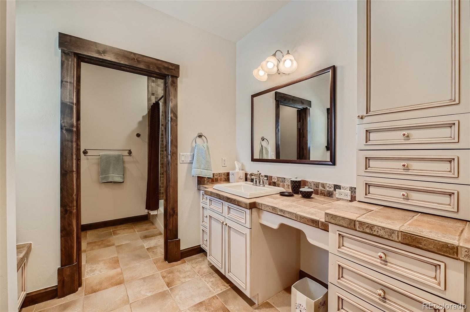 7390 Sagebrush Drive Parker, CO 80138 - Photo 26 of 40 a bathroom with a sink a mirror and a shower