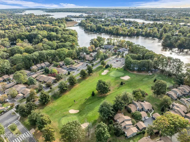 an aerial view of residential houses with outdoor space and trees