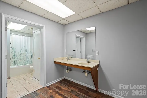 a bathroom with a sink and a mirror