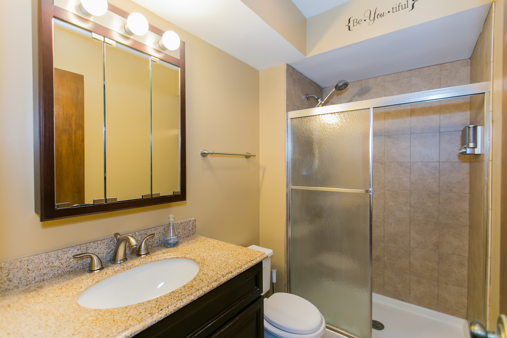 1903 West Golf Road, Unit 2A Mount Prospect, IL 60056 - Photo 13 of 20 a bathroom with a granite countertop sink toilet and shower