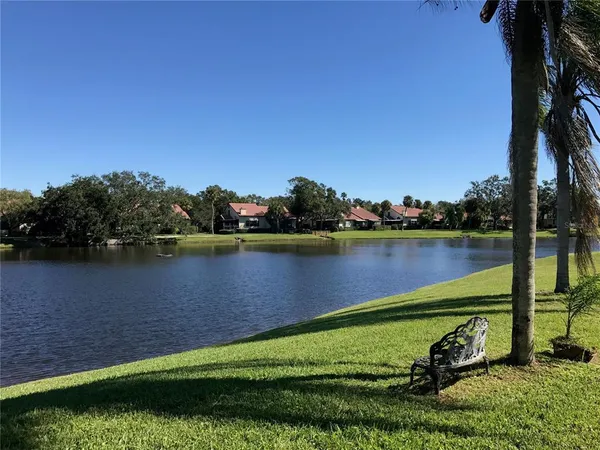 a view of a lake with houses in the background