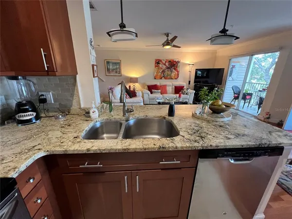 a kitchen with a sink a counter space appliances and cabinets