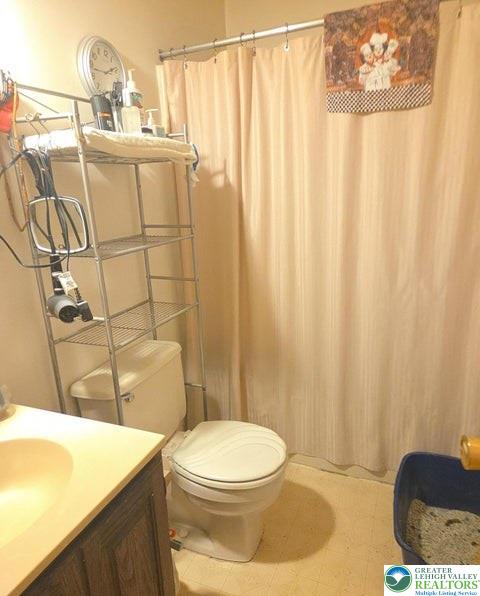 1107 Hampstead Court Bushkill, PA 18324 - Photo 6 of 17 a bathroom with a sink a toilet and shower curtain