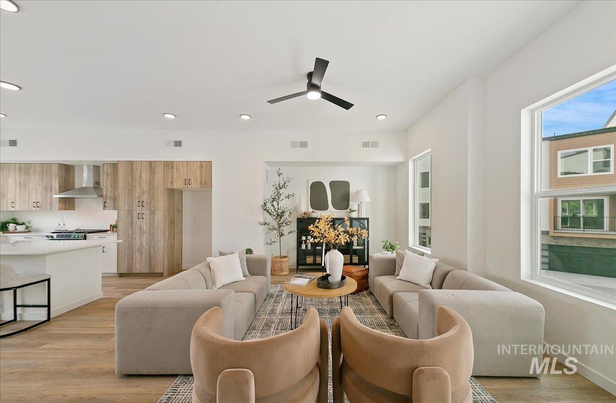 2032 South Mackinnon Lane Boise, ID 83706 - Photo 6 of 48 Living area featuring light wood finished floors, ceiling fan, and recessed lighting