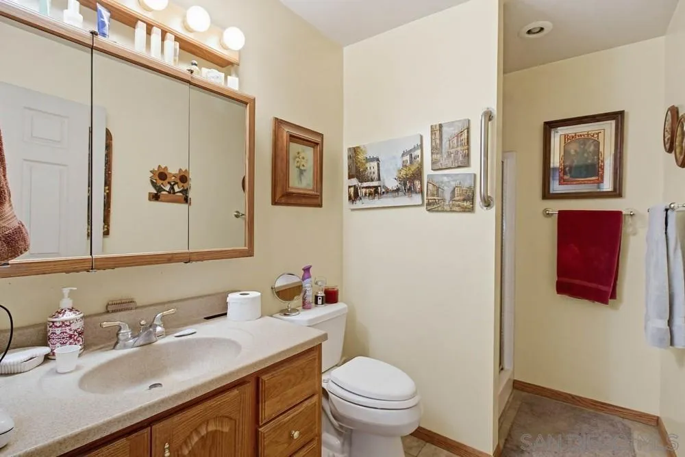 1478 Peutz Valley Road Alpine, CA 91901 - Photo 21 of 63 a bathroom with a granite countertop sink mirror and toilet