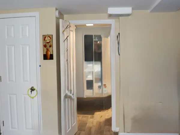 a view of a hallway with entryway door