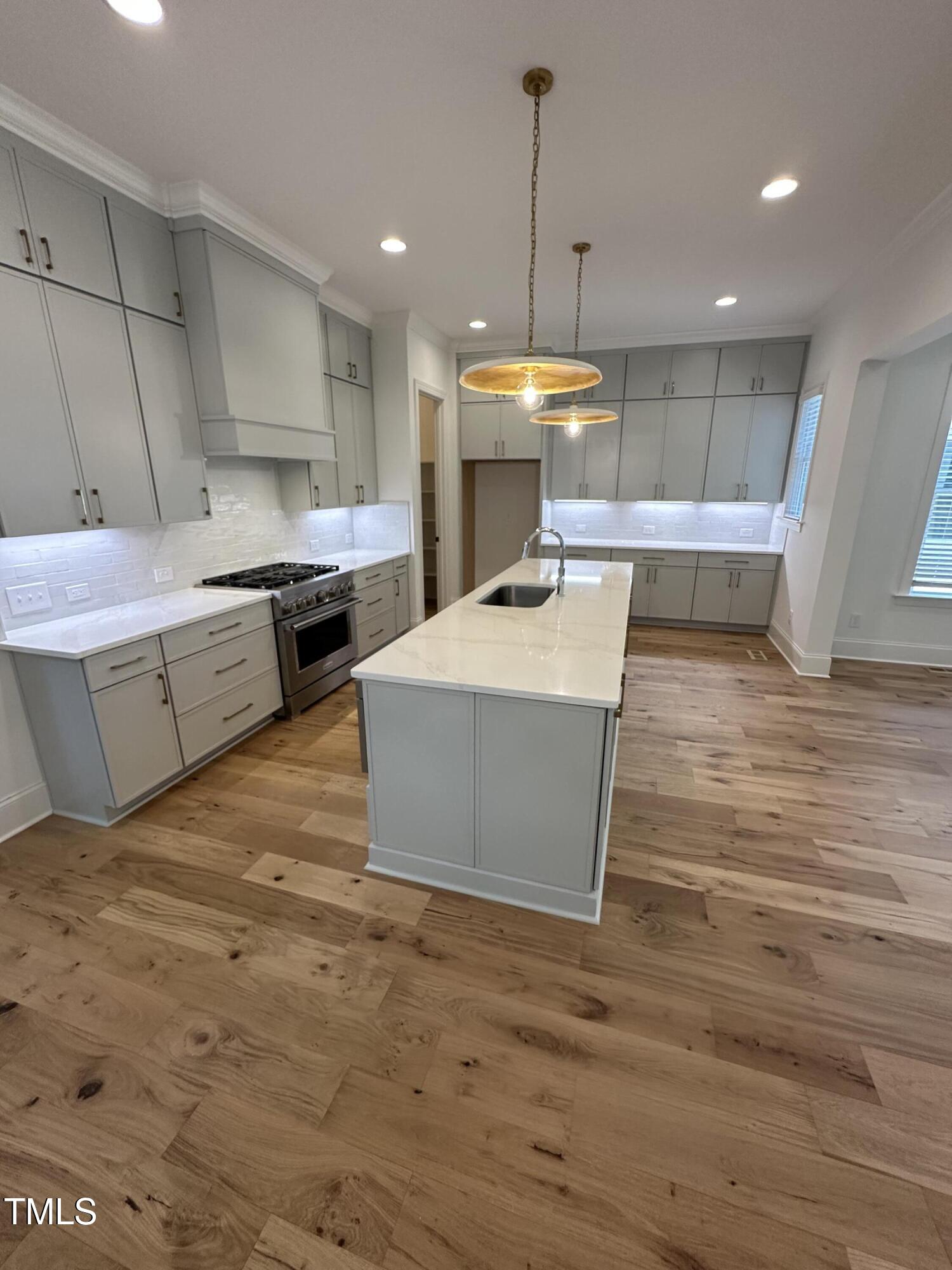 3302 Hall Place Raleigh, NC 27607 - Photo 6 of 25 a large kitchen with kitchen island a sink stainless steel appliances and a fireplace