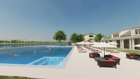 a view of a lake with couches