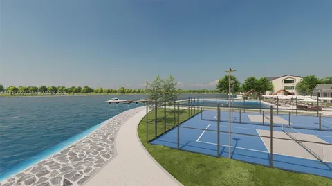 a view of a swimming pool with a lake view