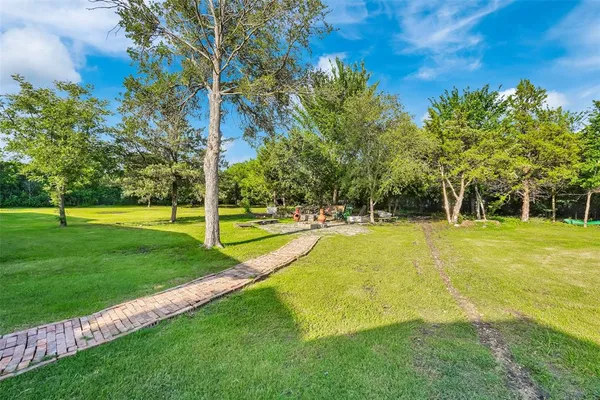 a view of a park with large trees