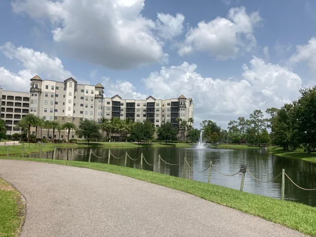 a view of a lake with a city