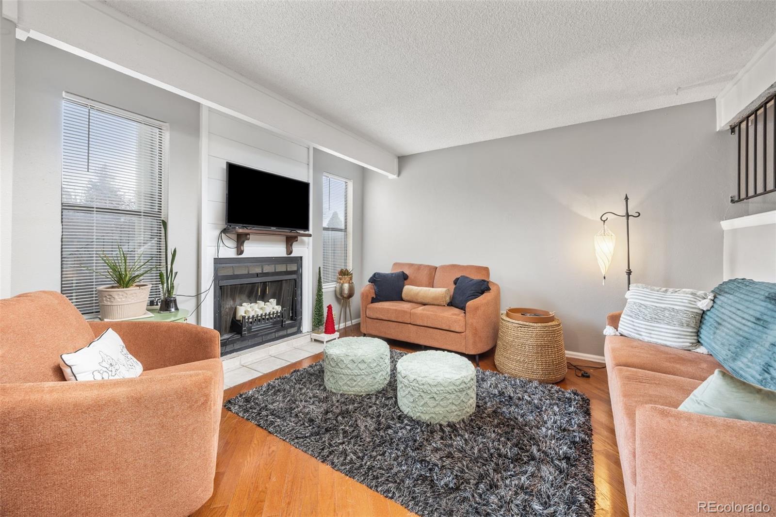 8782 Carr Loop Arvada, CO 80005 - Photo 7 of 23 a living room with furniture a flat screen tv and a fireplace