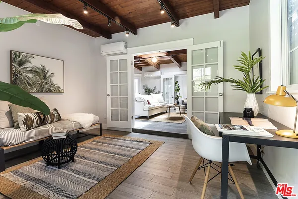 a living room with furniture and a potted plant
