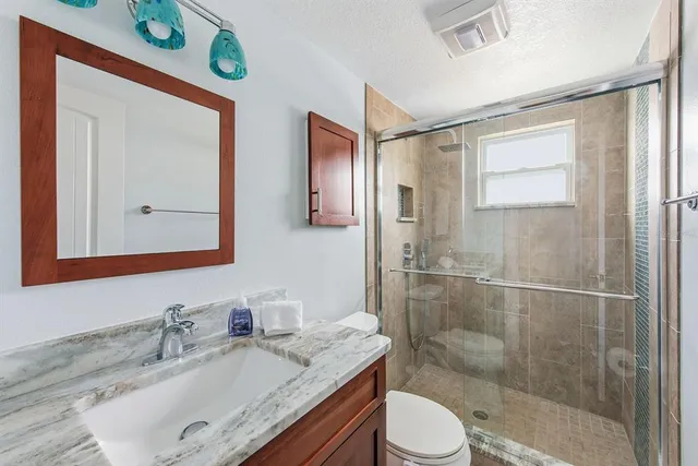 a bathroom with a granite countertop sink toilet a mirror and shower