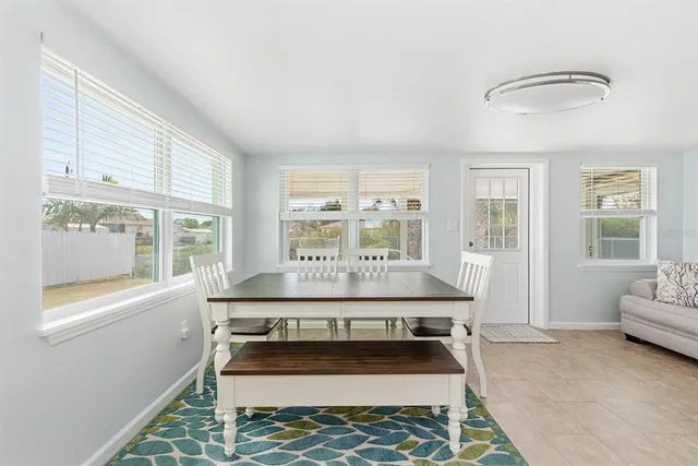 a building outdoor space with seating area