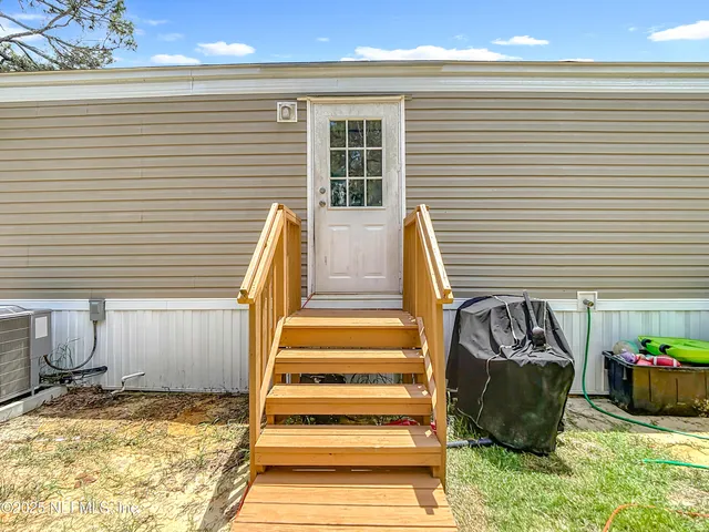 a view of a yard with plants and large trees