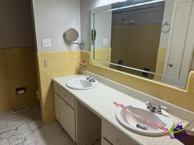 a bathroom with a sink and a mirror