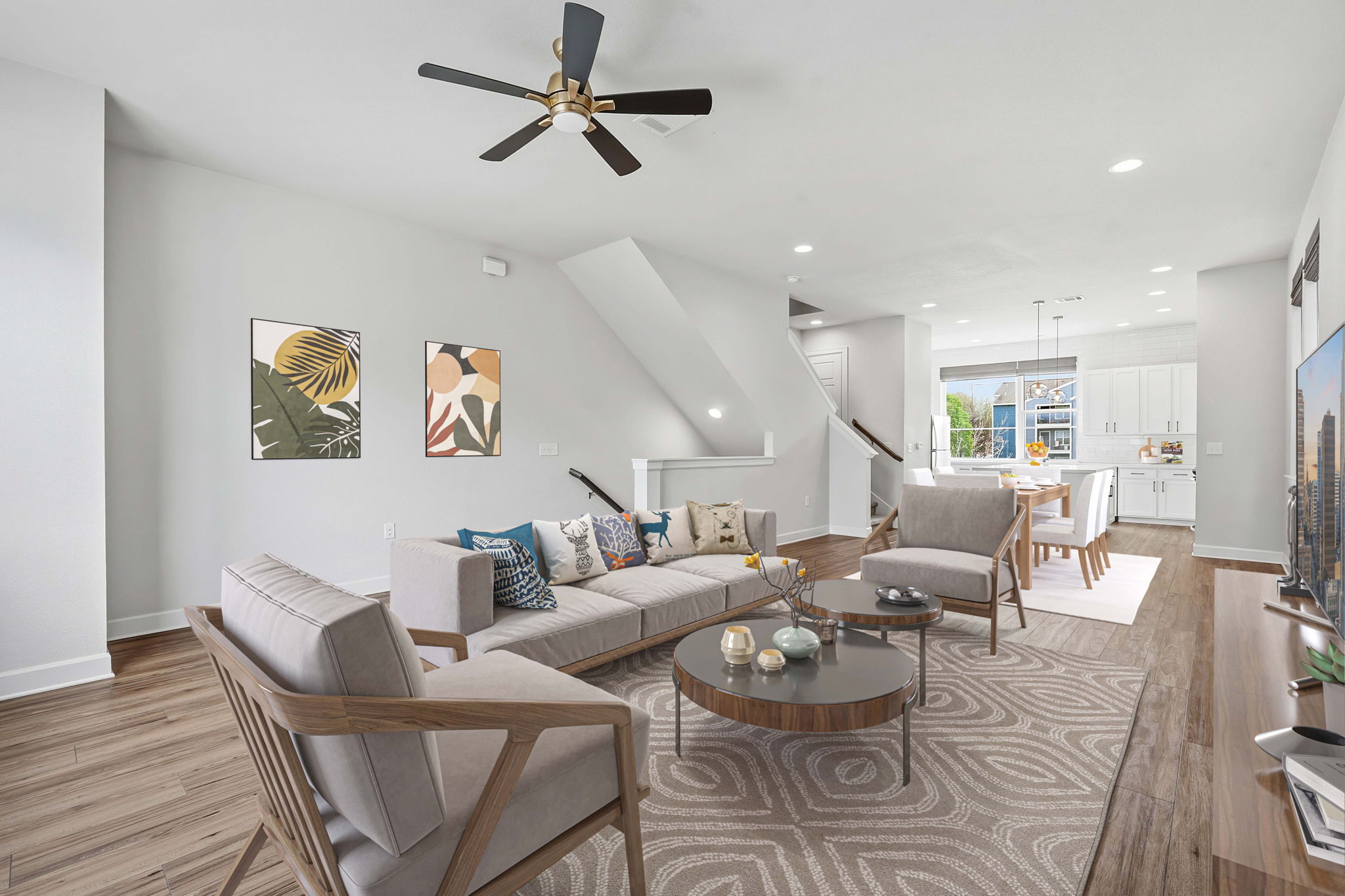 Living area featuring ceiling fan, recessed lighting, and light wood-type flooring