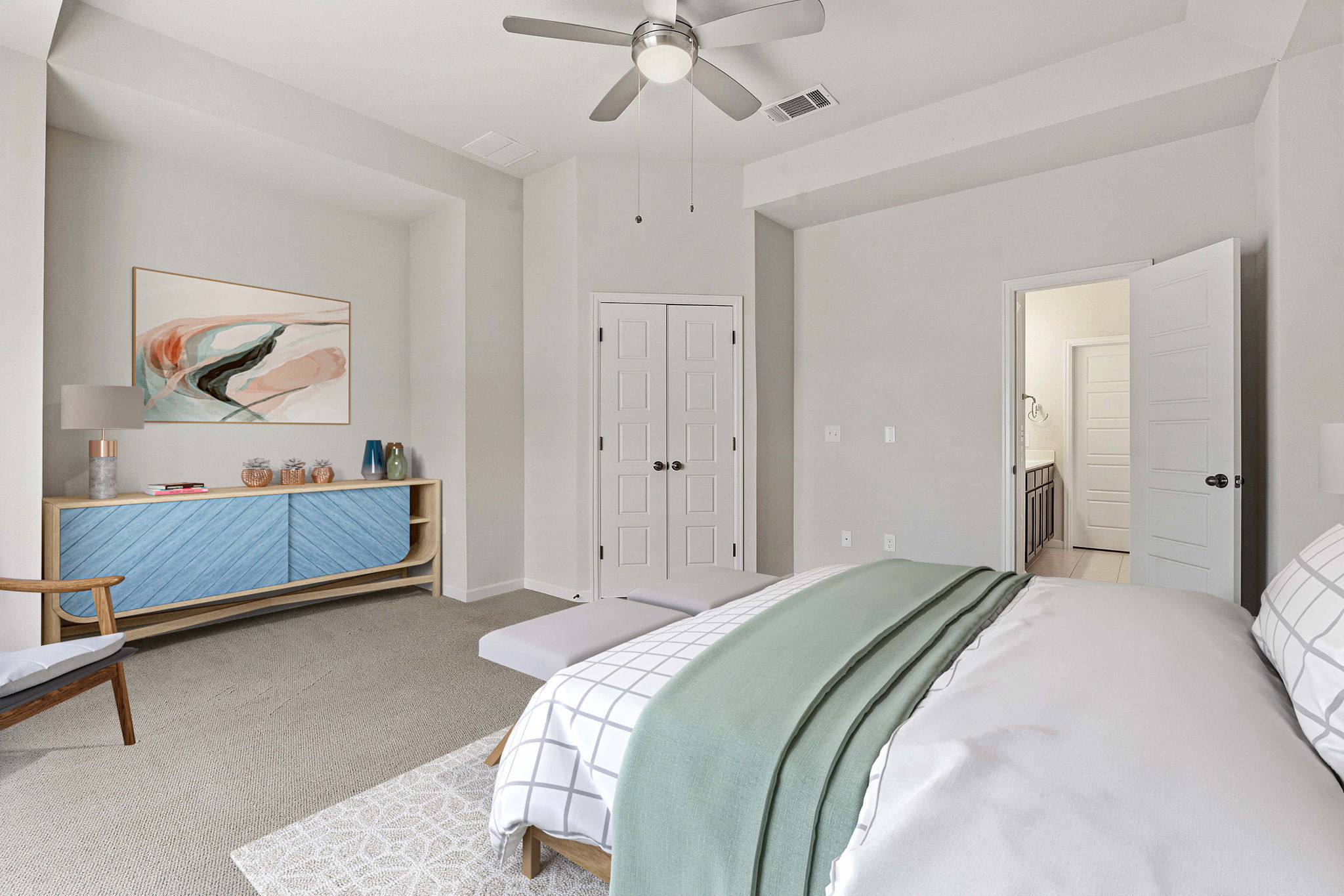 4409 Festival Path, Unit 26 Austin, TX 78741 - Photo 16 of 24 Bedroom with light carpet, ceiling fan, and ensuite bathroom