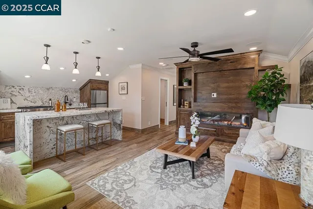 a view of a backyard with potted plants and a large tree
