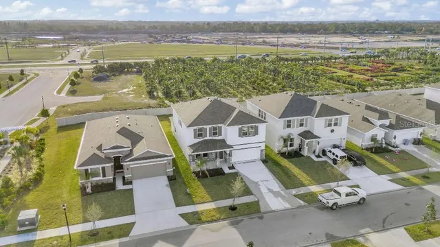 a view of a city with lawn chairs