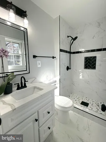 a bathroom with a sink a toilet a mirror and shower