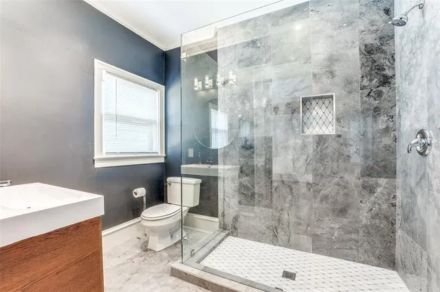 a bathroom with a granite countertop toilet a sink a shower and a mirror