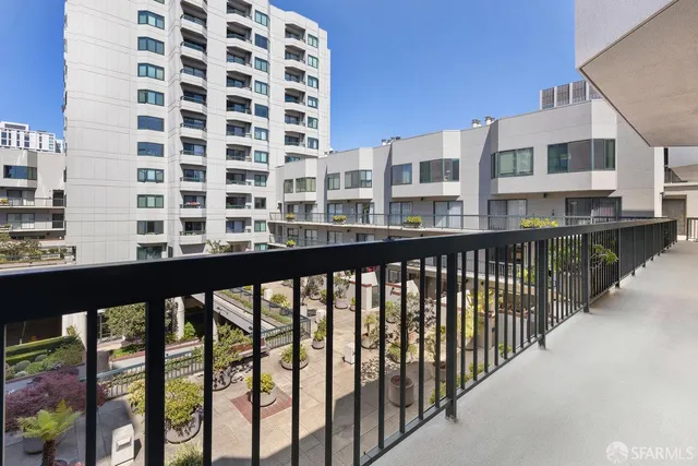 a view of a building from a balcony