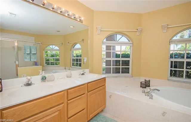 a bathroom with a double vanity sink a mirror and a bathtub