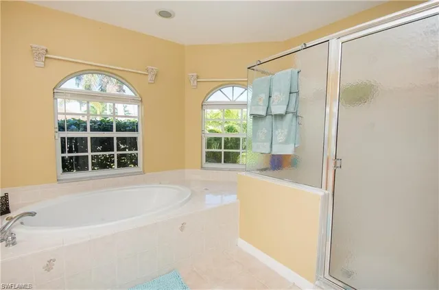a bathroom with a bathtub and a shower