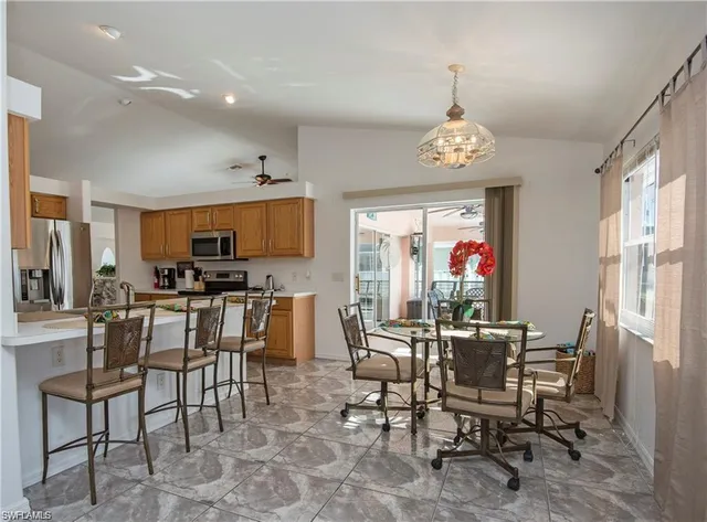 a view of a dining room with furniture window and outside view