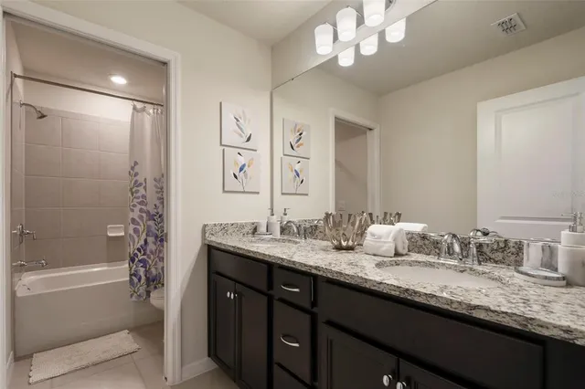 a bathroom with a granite countertop sink mirror and double